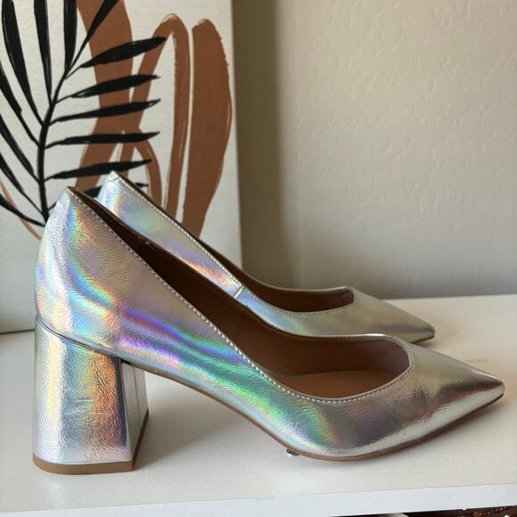 Zac Posen Silver Holographic Pointed Toe Slip On Block Heel Leather Pumps 8.5 - Picture 4 of 10